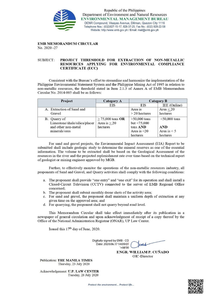 EMB MC 2020 27 Project Threshold for Extraction of Non Metallic ...