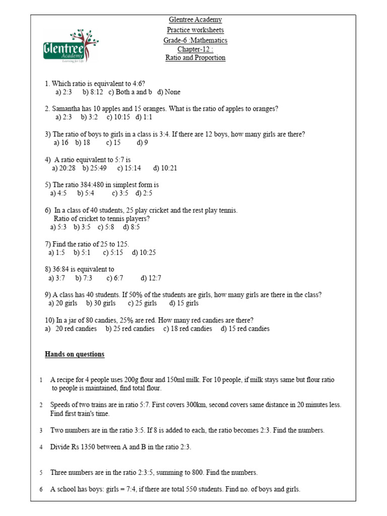 Math - Class - 6 - Ch-12 Ratio and Proportion WS | PDF | Ratio | Chess ...
