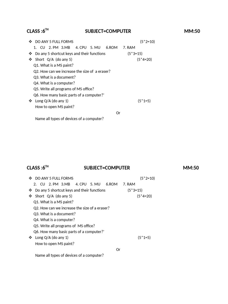 6th Class Paper | PDF