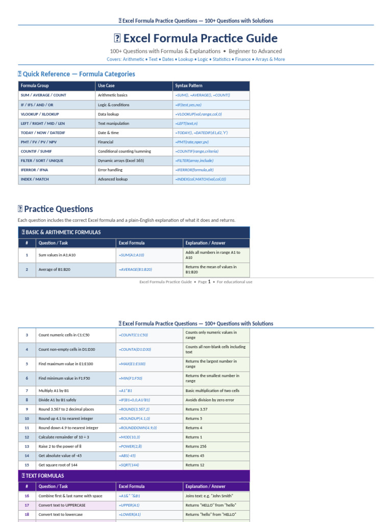 Excel Formula Practice Questions | PDF