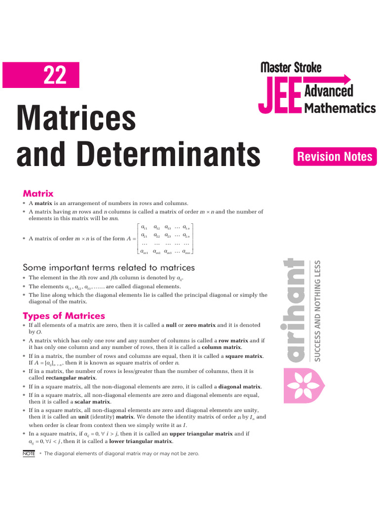 Chp 22 Revision Notes Maths | PDF | Matrix (Mathematics) | Linear Algebra