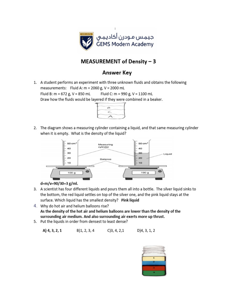 Measurement of Density -3 Answer Key | PDF