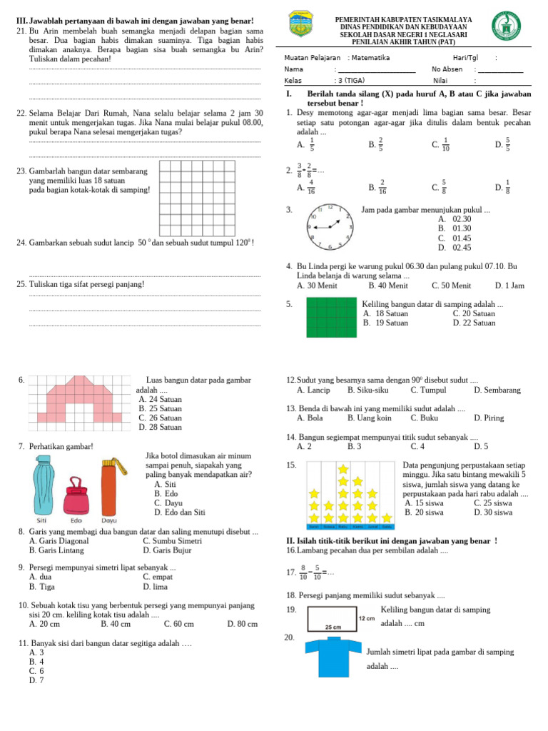 SOAL Dan Kunci Jawaban Matematika Kelas 3 | PDF