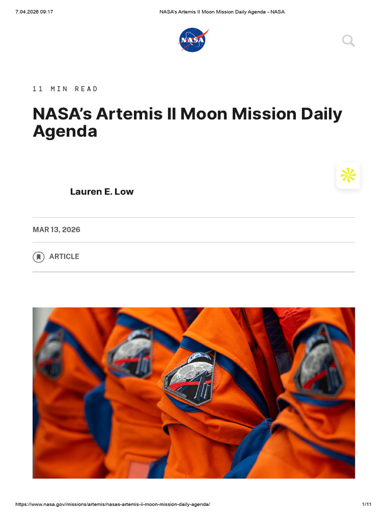 NASA’s Artemis II Moon Mission Daily Agenda - NASA | PDF