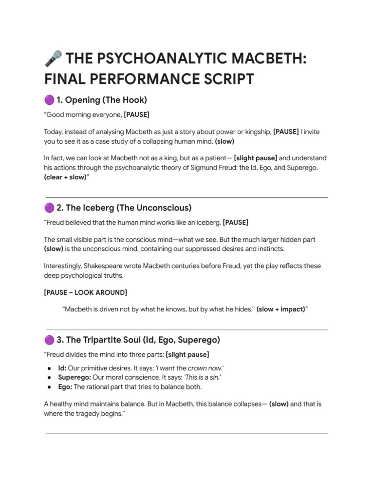 Macbeth Psychoanalytic Presentation Script | PDF