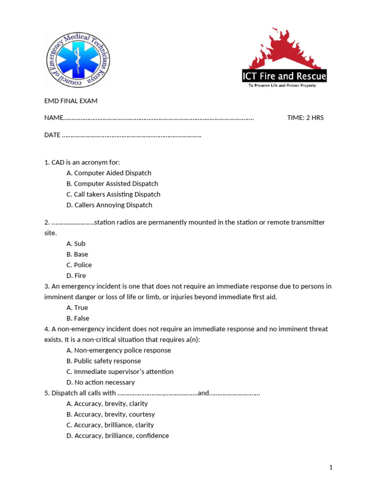 EMD EXAM FEB 2022 | PDF | Communication | Emergency Medical Technician