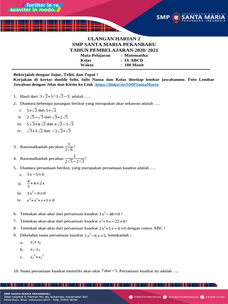 Uh 2 Kelas 9 Matematika | PDF