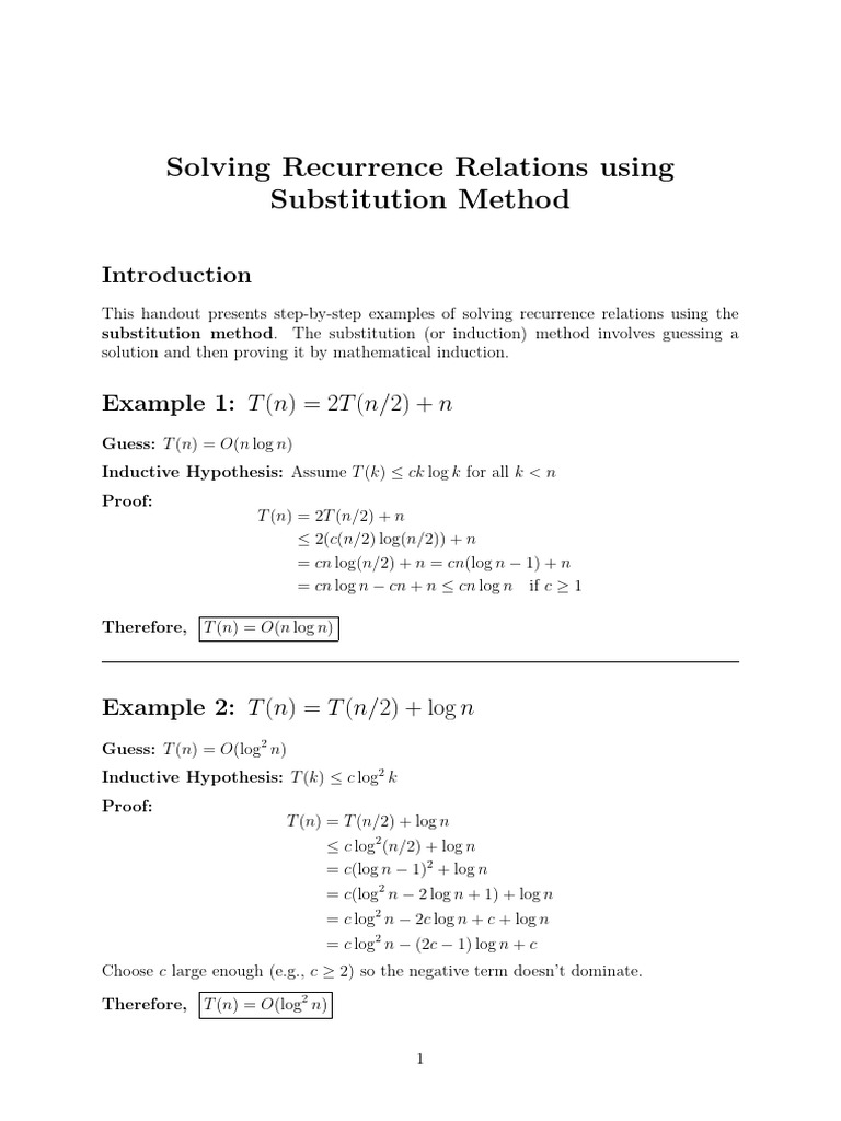Recurrence Substitution Examples-1 | PDF | Mathematics | Methodology