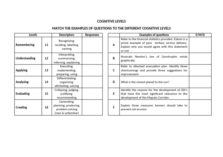 Cognitive Level Worksheets | PDF