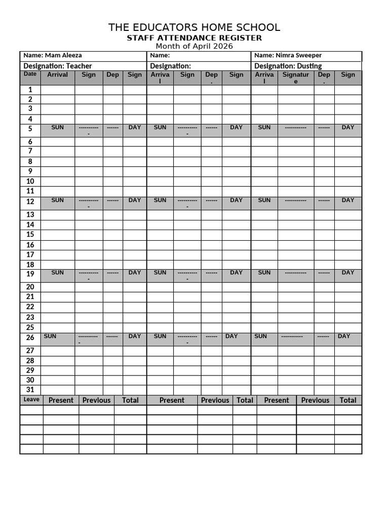 School Staff Attendance Register 2026-27 | PDF