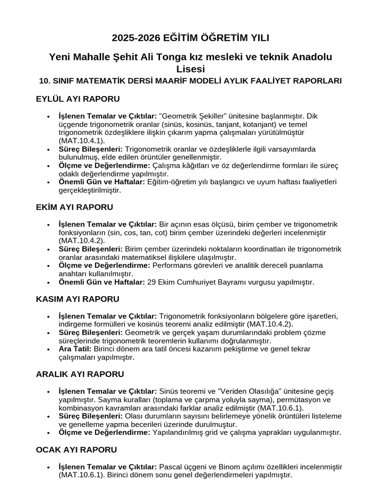 10 Matematik Maarif Modeli Aylik Raporlari | PDF