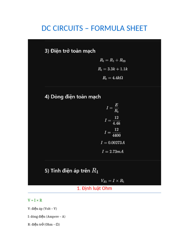 Dc Circuits Formula Sheet | PDF
