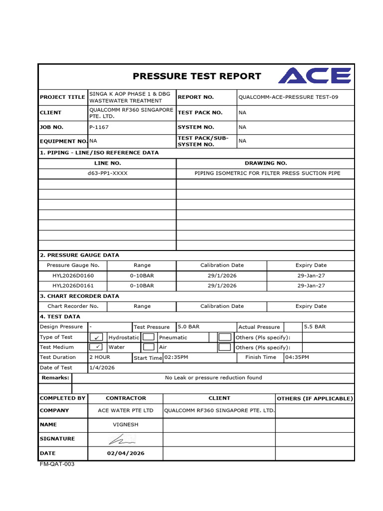 Hydrostatic Test Report (01.04.2026)(2) FILTER PRESS SUCTION LINE | PDF