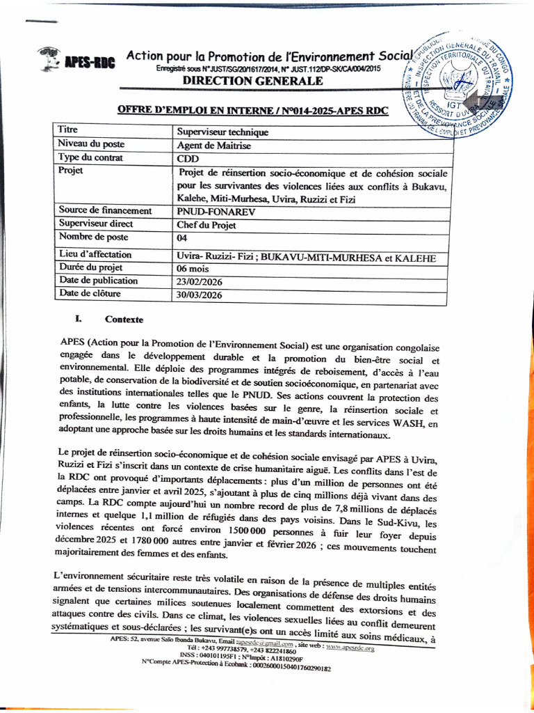 APES-RDC Superviseur Technique | PDF