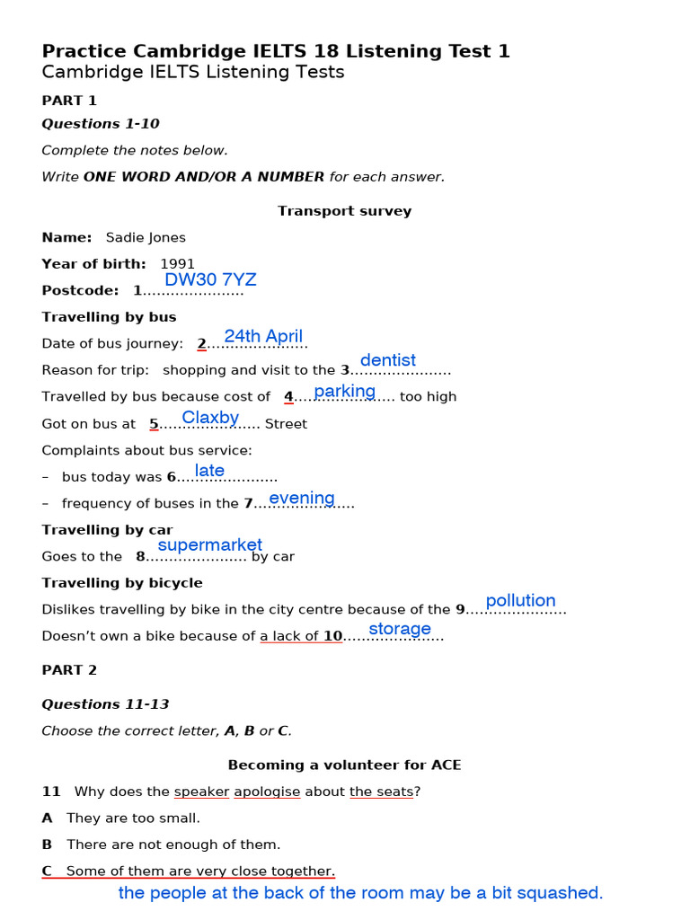 888505956 Practice Cambridge IELTS 18 Listening Test 1 | PDF