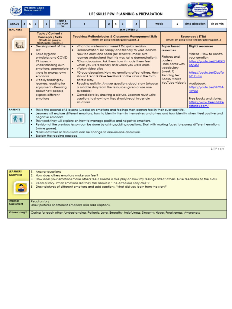 Lesson Plan Gr. 4 Life Skills PSW T2 W2 | PDF
