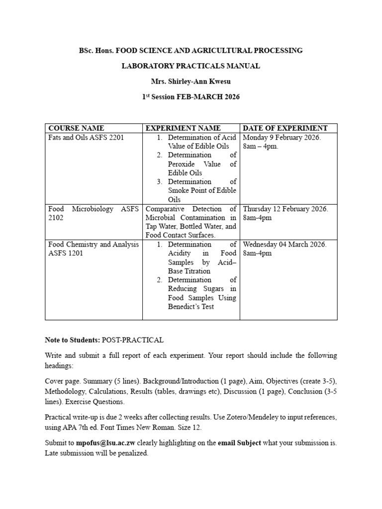 Food Science Pracs 1st Session Feb 2026 Lsu | PDF