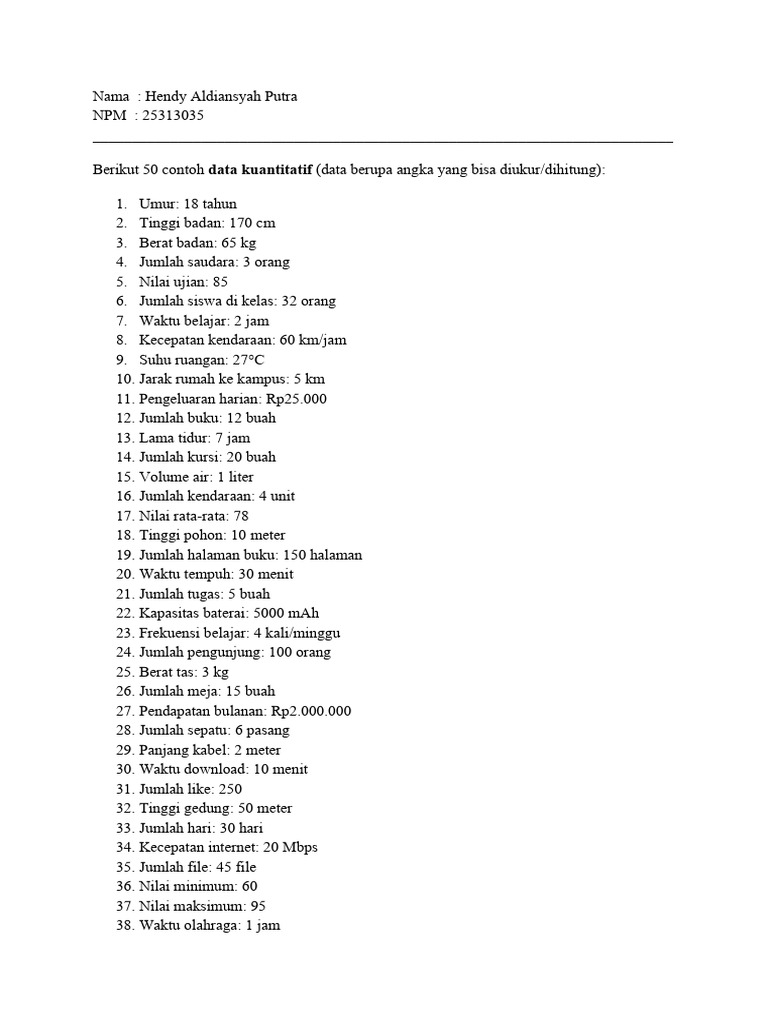 Berikut 50 Contoh Data Kuantitatif (Data Berupa Angka Yang b | PDF