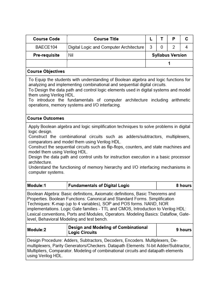 BAECE104_Digital Logic and Computer Architecture | PDF