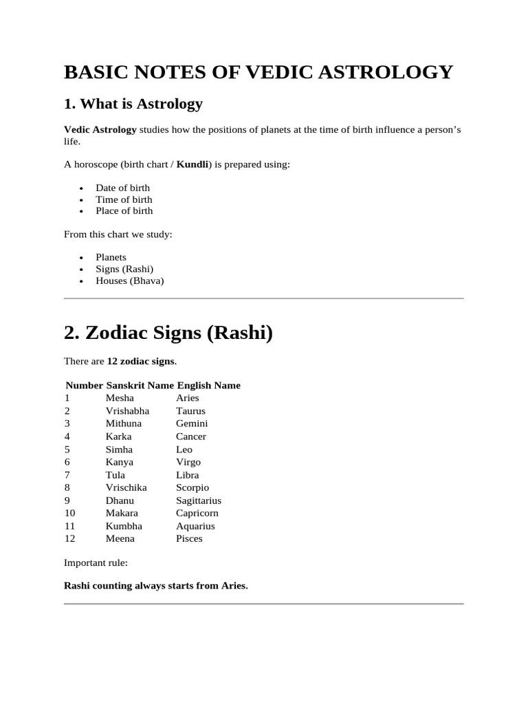 BASIC NOTES OF VEDIC ASTROLOGY | PDF