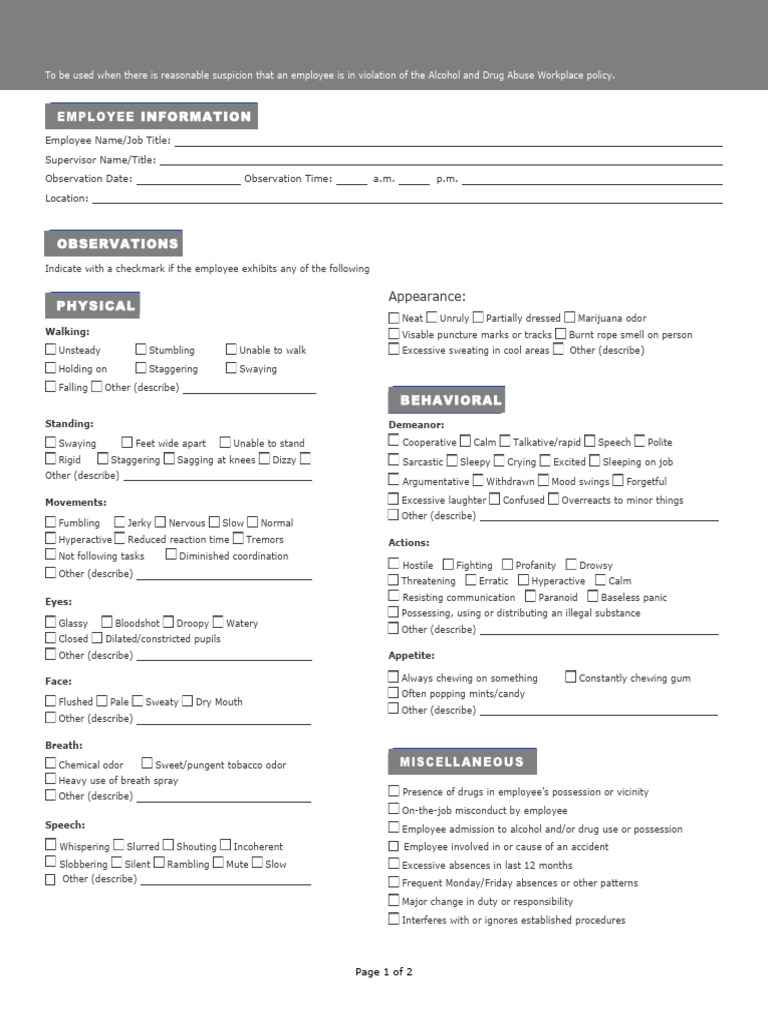 Reasonable Suspicion Checklist - Observation (Drugs & Alcohol) | PDF ...