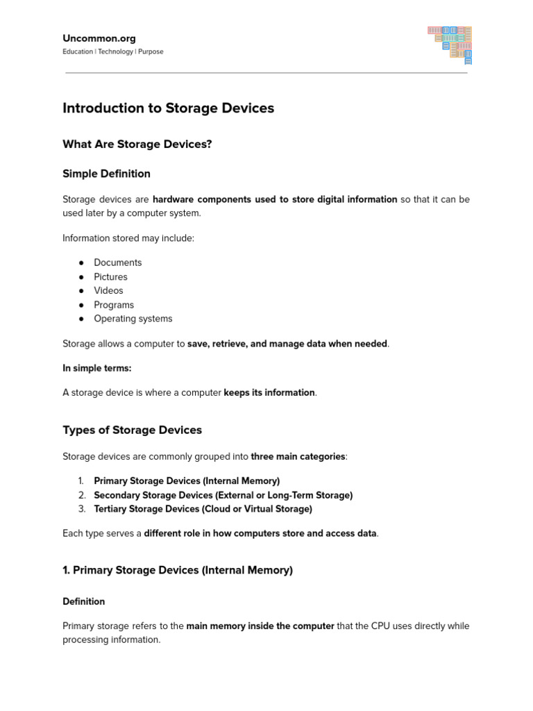 Introduction to Storage Devices - grade 5-7 | PDF
