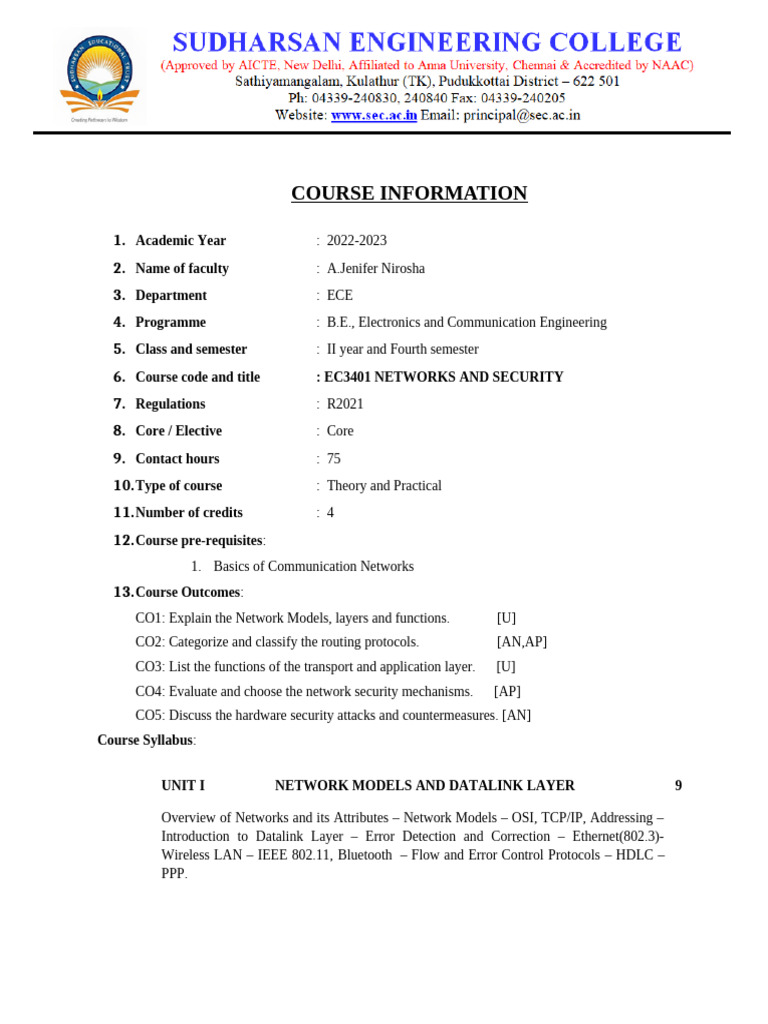 EC3401 NETWORKS AND SECURITY - Lesson Plan | PDF