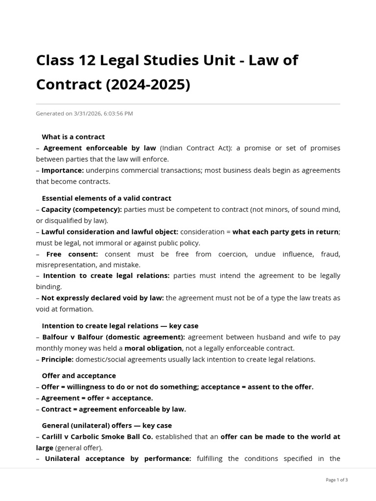 Class 12 Legal Studies Unit Law of Contract 2024 2025 Summary | PDF ...