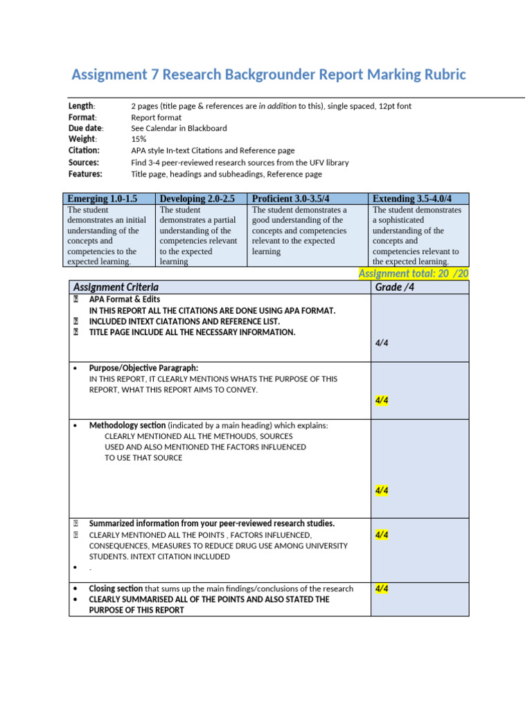 Assignment 7 Rubric Research Backgrounder Report Marking Rubric Copy 6 ...