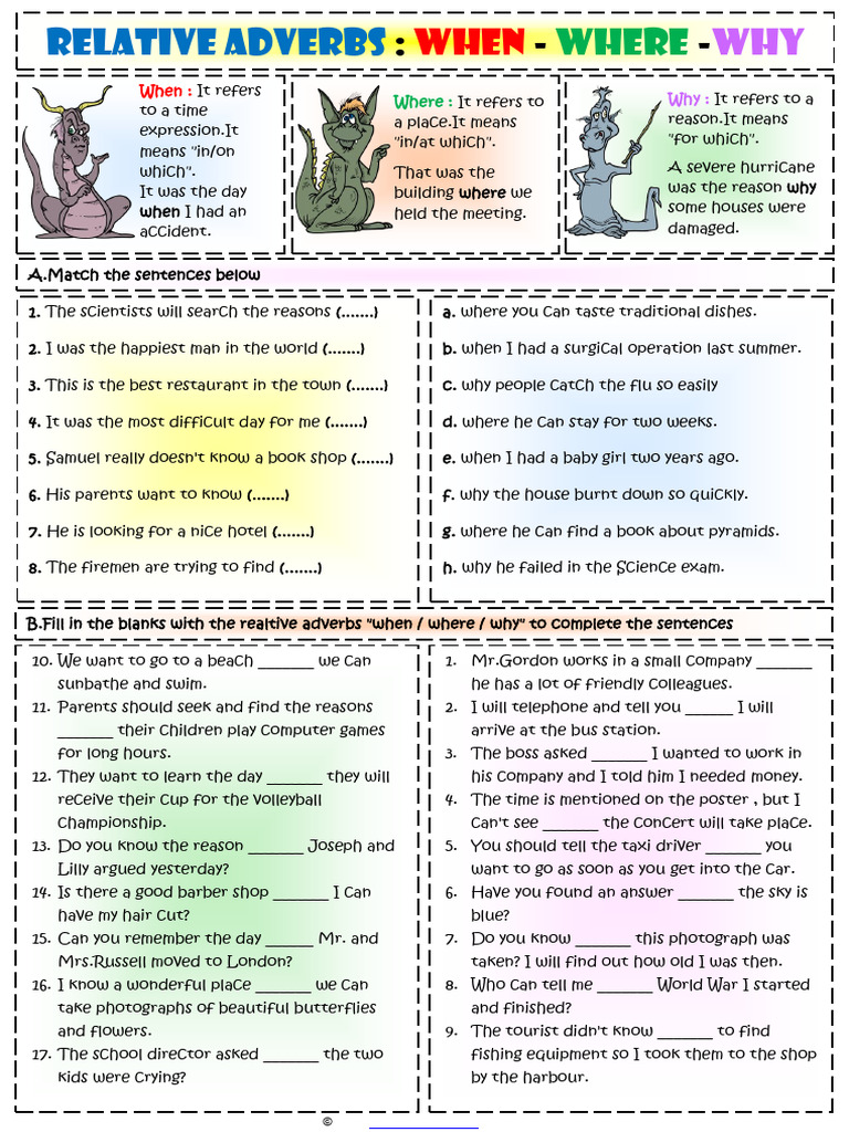 Relative Adverbs Grammar Exercises Esl Worksheet | PDF