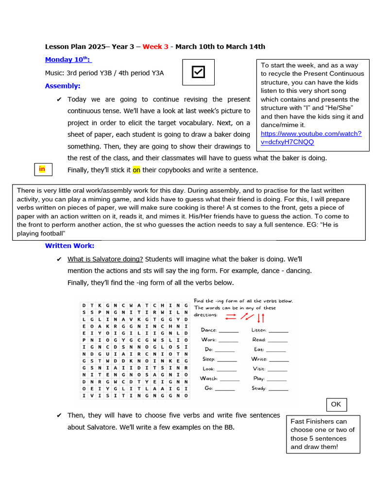 Lesson Plan - Year 3 - Week 3 - March 10th to March 14th | PDF
