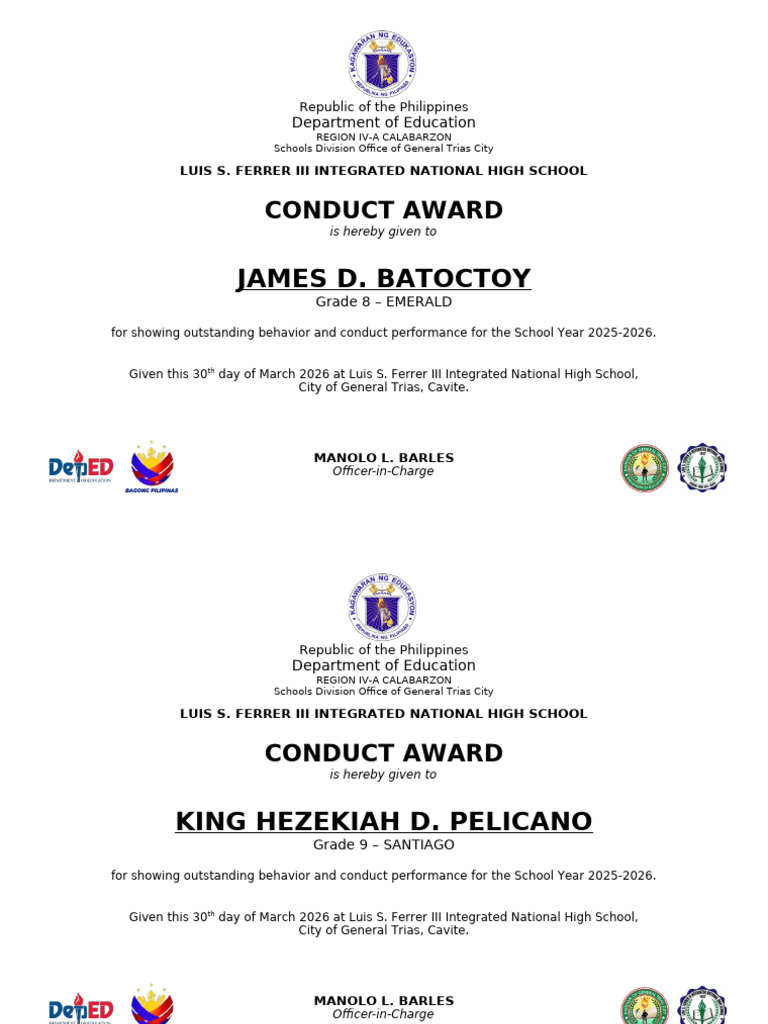Conduct Award Template | PDF