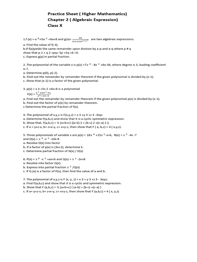 Higher Mathematics (Practice Sheet - X) | PDF | Polynomial | Line ...