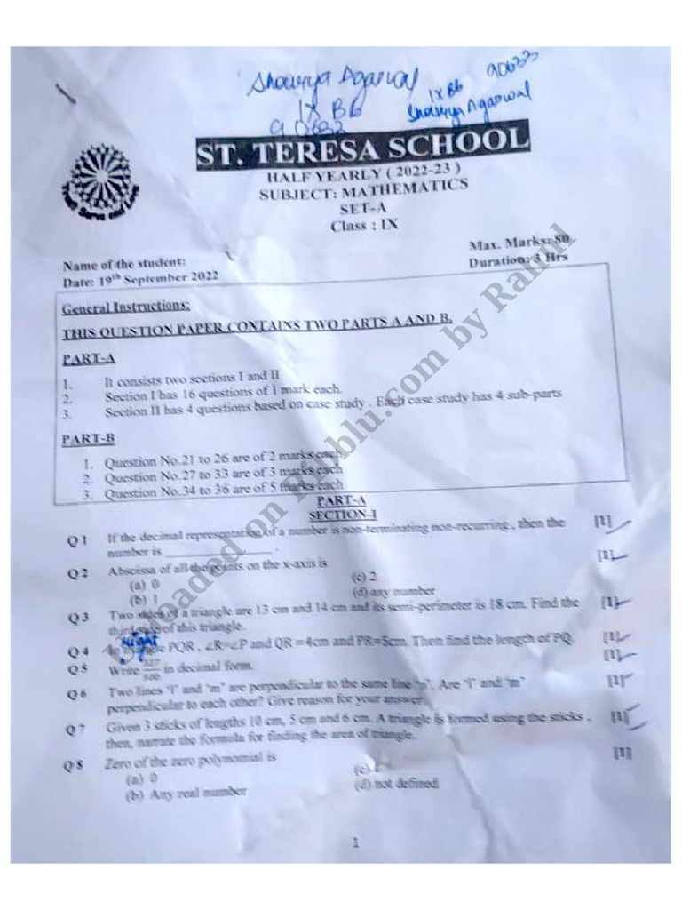 Class 9 Maths Question Paper Half Yearly Exam 2022 St Teresa | PDF
