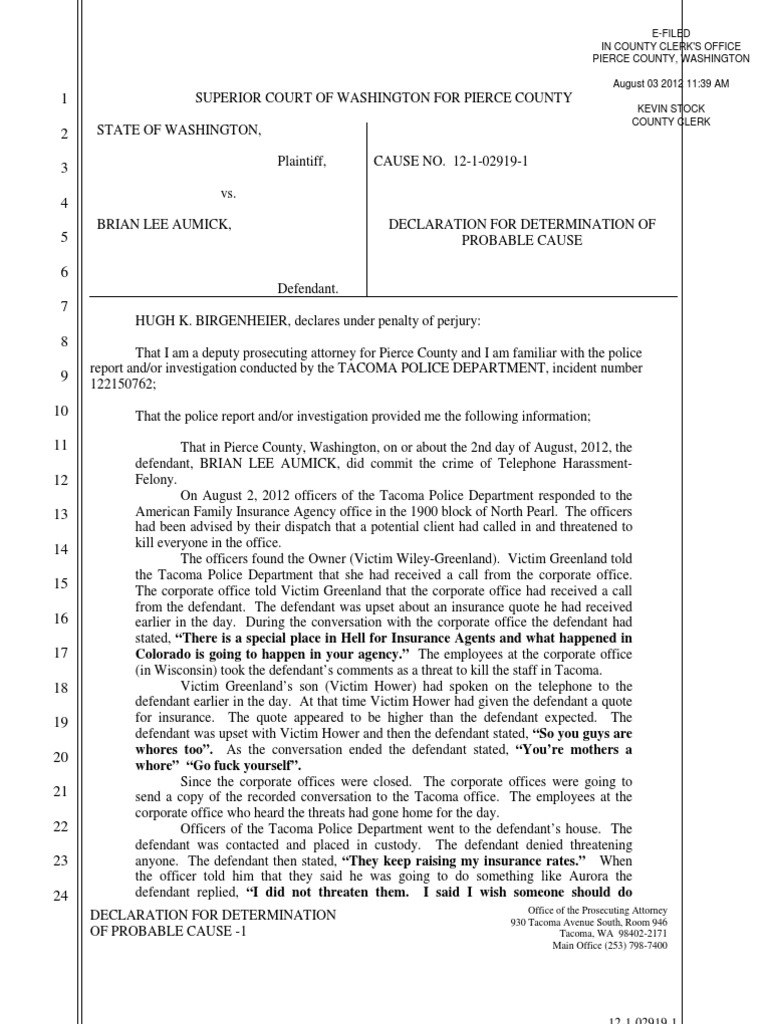 Probable Cause Declaration: Aumick Case | PDF | Police | Misconduct