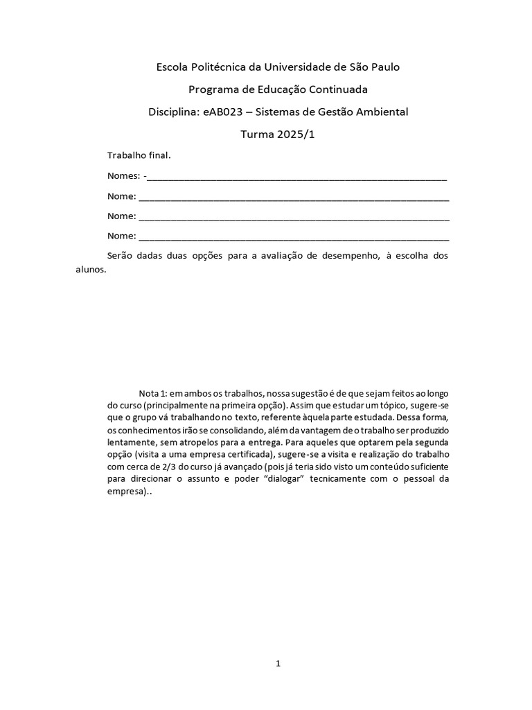 Trabalho Final Da Disciplina EaB023 - Turma 2025 - 1o Ciclo | PDF ...