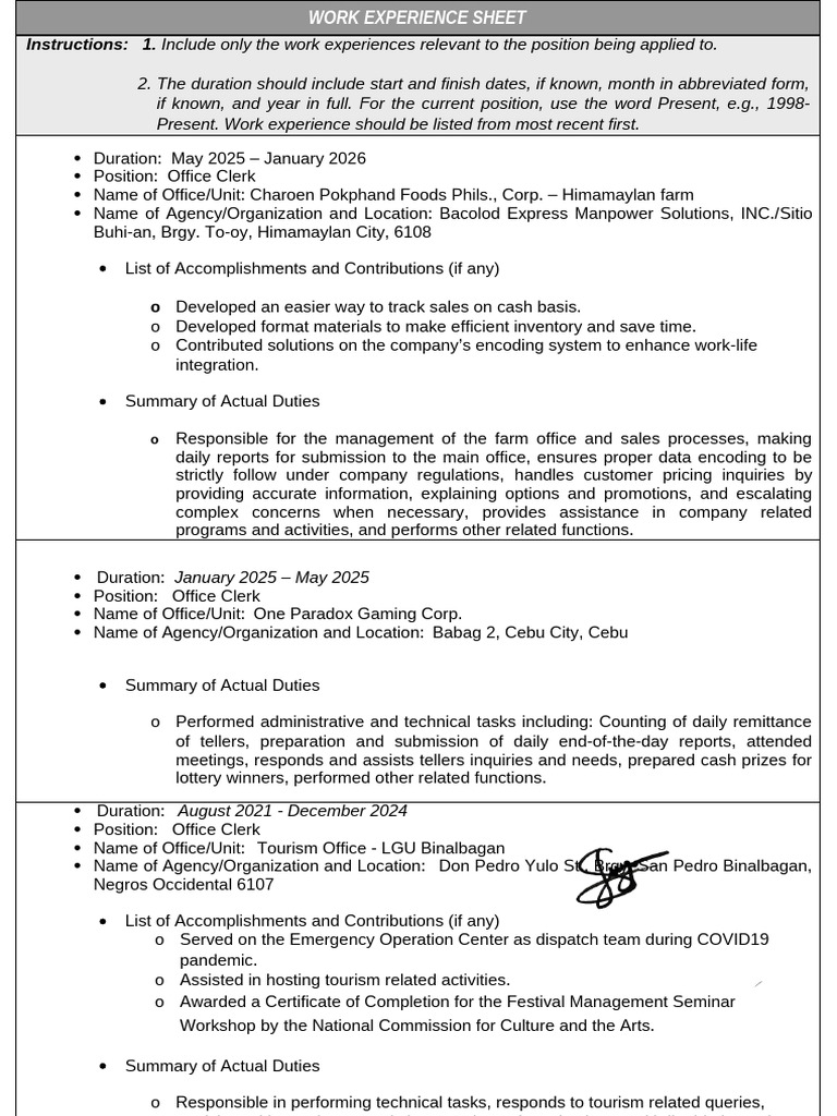 ANNEX H-2 - CS Form No. 212 Attachment - Work Experience Sheet | PDF ...