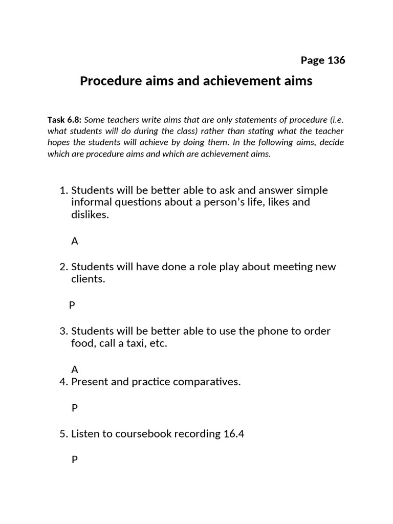 Procedure Achievement Aims-Task 6.8-WORKSHEET | PDF
