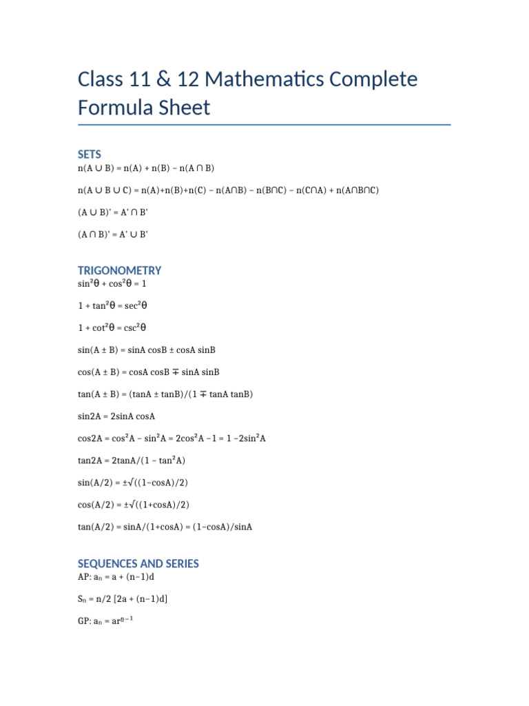 Class11 12 Math Formula Sheet | PDF