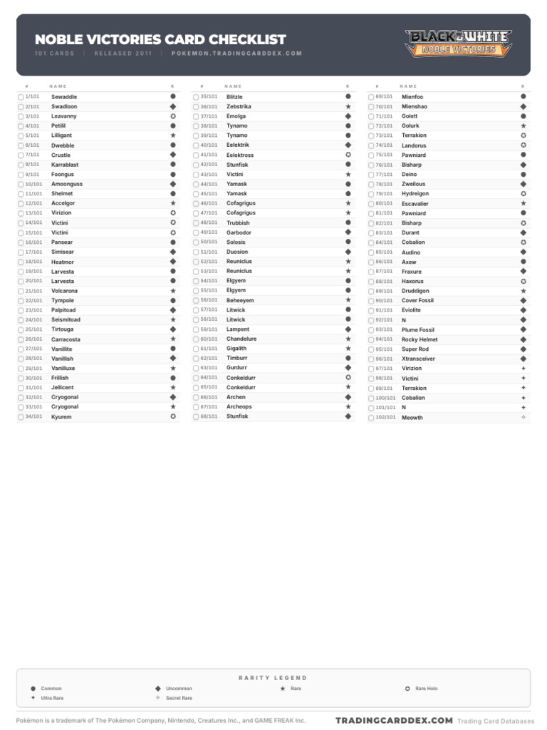 pokemon noble victories card list Pokemon Noble Victories Card Checklist | PDF | Nintendo Games