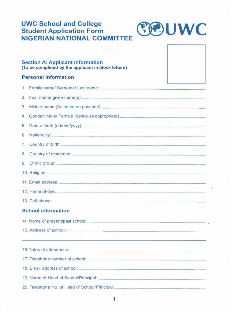 Uwc Application Form 2026 | PDF