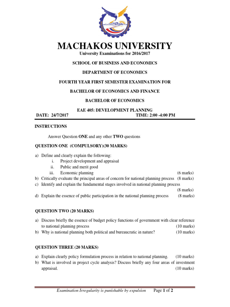EAE 405 Development Planning Exam August 2017 | PDF | Economics | Economies