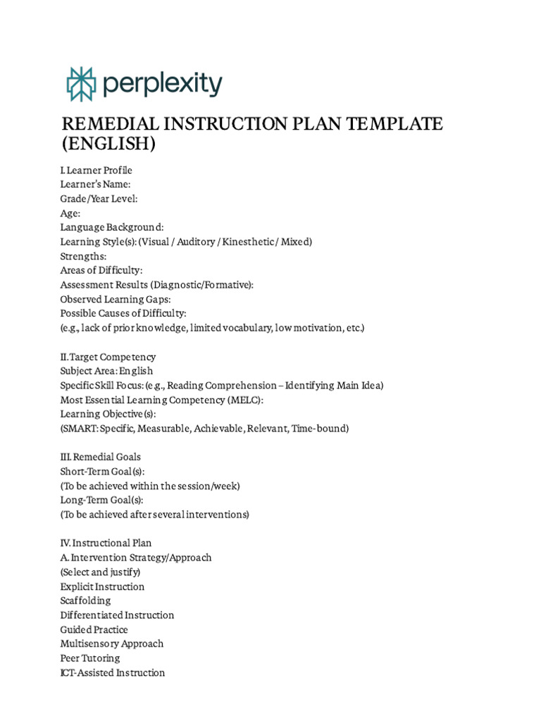 Remedial Instruction Plan Template (English)_ _i. | PDF | Reading ...