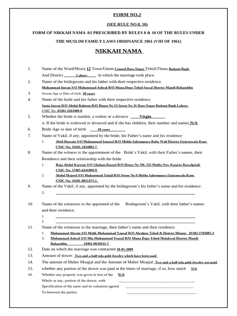 FORM OF NIKKAH NAMA1961 Imran Bahi | PDF | Social Institutions | Marriage