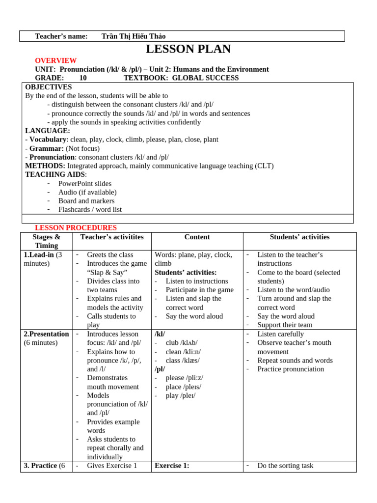 LESSON PLAN TEMPLATE - TEACHING PRACTICE | PDF | Linguistics | Learning
