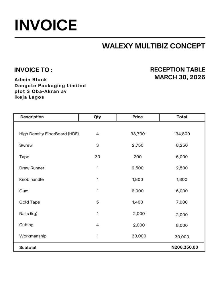 DPL Reception Table Invoice | PDF