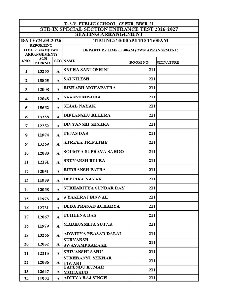 IX Special Section Seating Arrangement 2026-27 | PDF