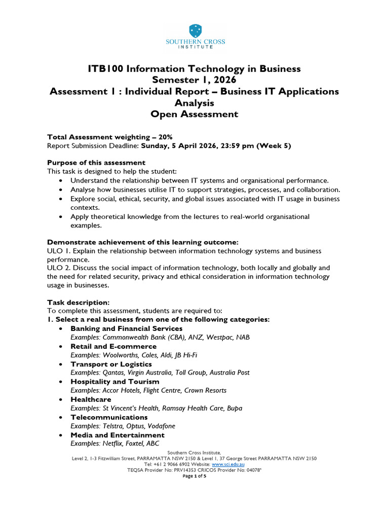 ITB100 Assessment 1 Task Description - S1 2026 | PDF | Academic ...