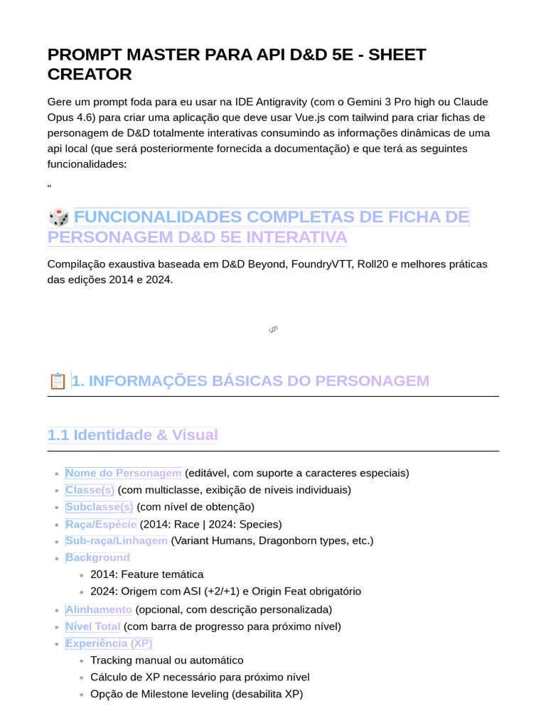PROMPT MASTER PARA API D&D 5E - SHEET CREATOR | PDF