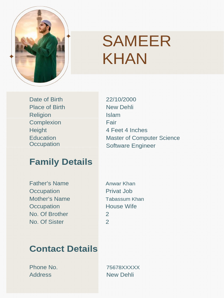 Editable Muslim Boy Biodata Template | PDF